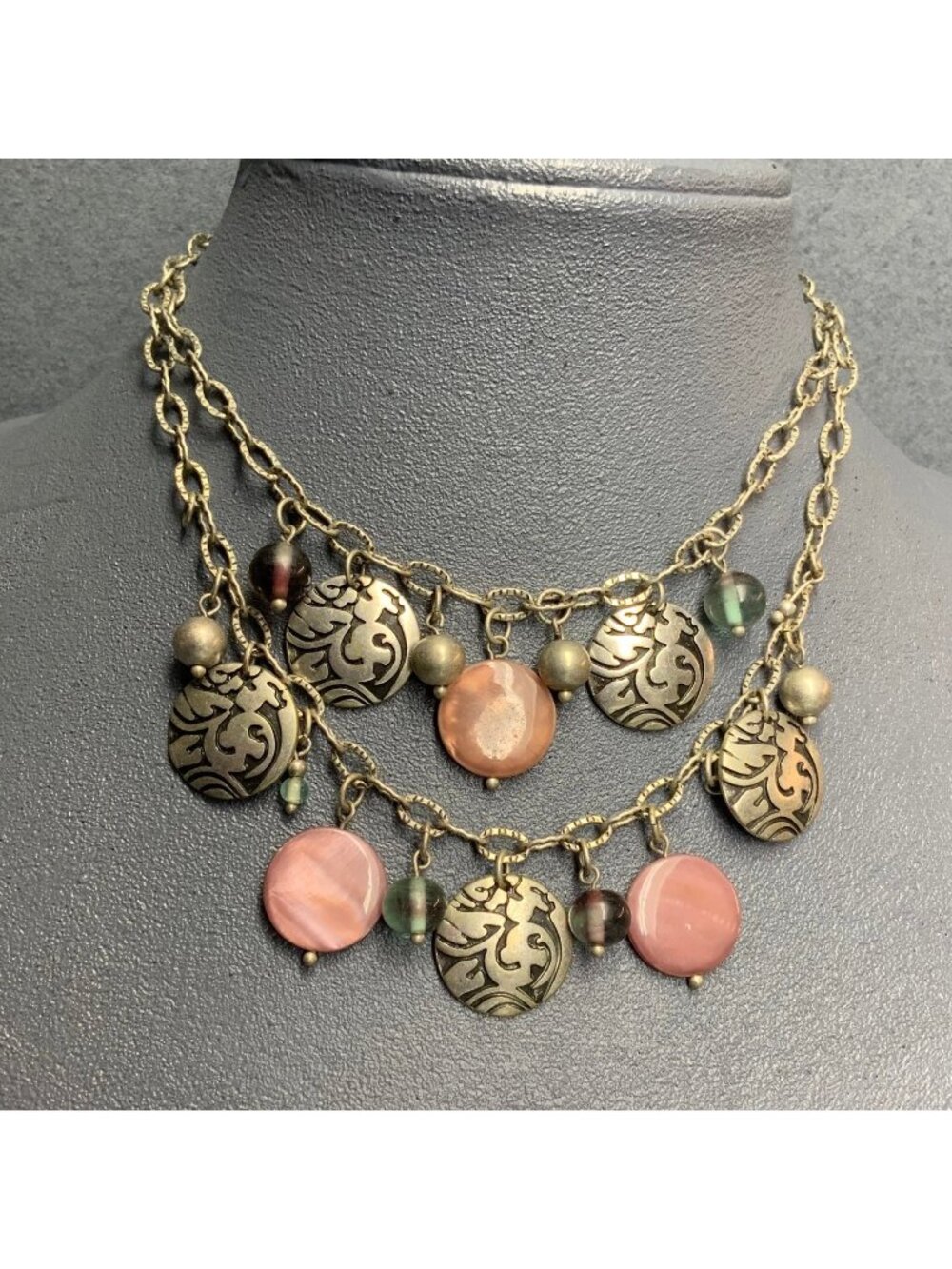 Medallion Double Chain Necklace 17 In Antiqued Silver Pink Shell Discs Purple